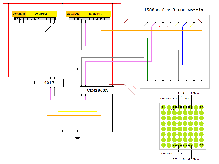 PIC16F88 8x8 LED Matrix Schematic and 1588BS Pinout
